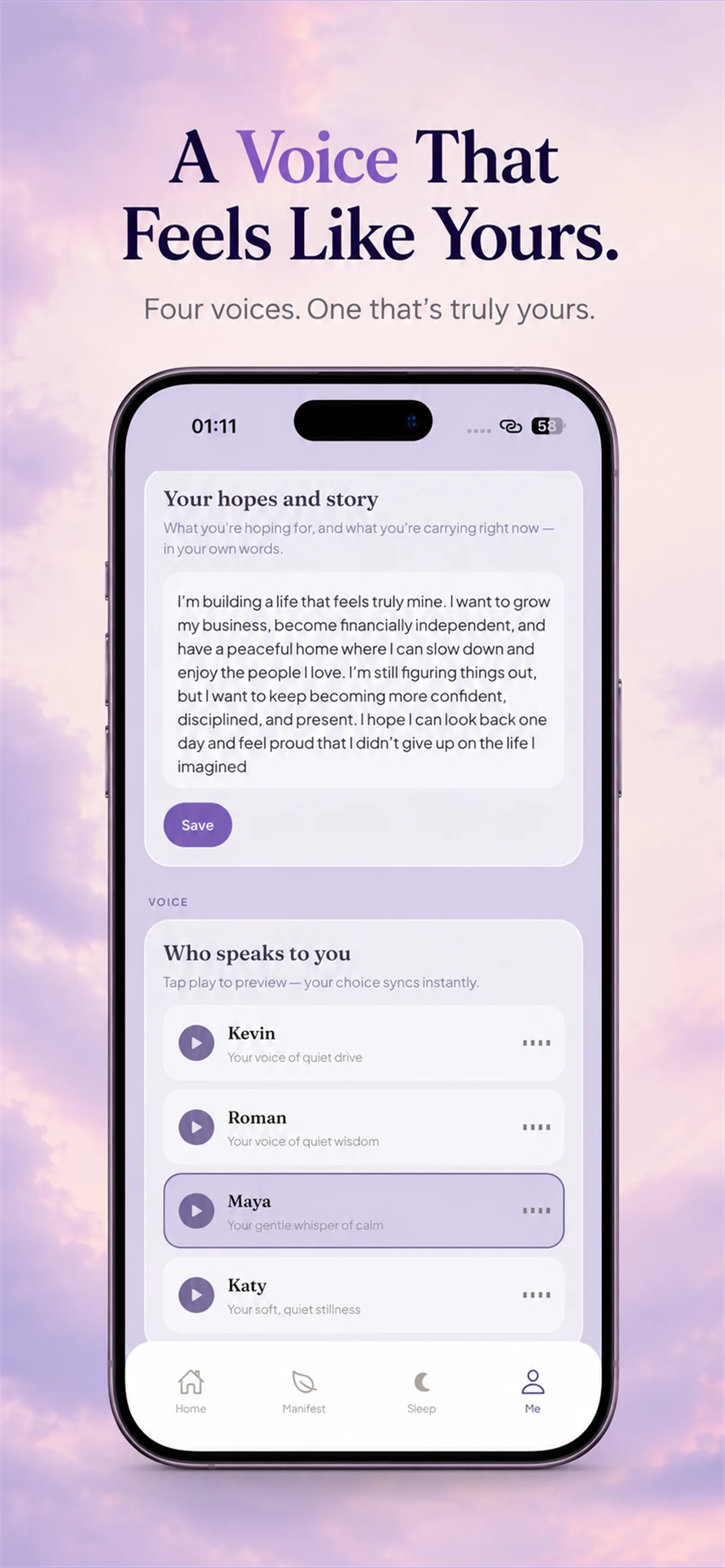 Miracley voice picker screen — a voice that feels like yours