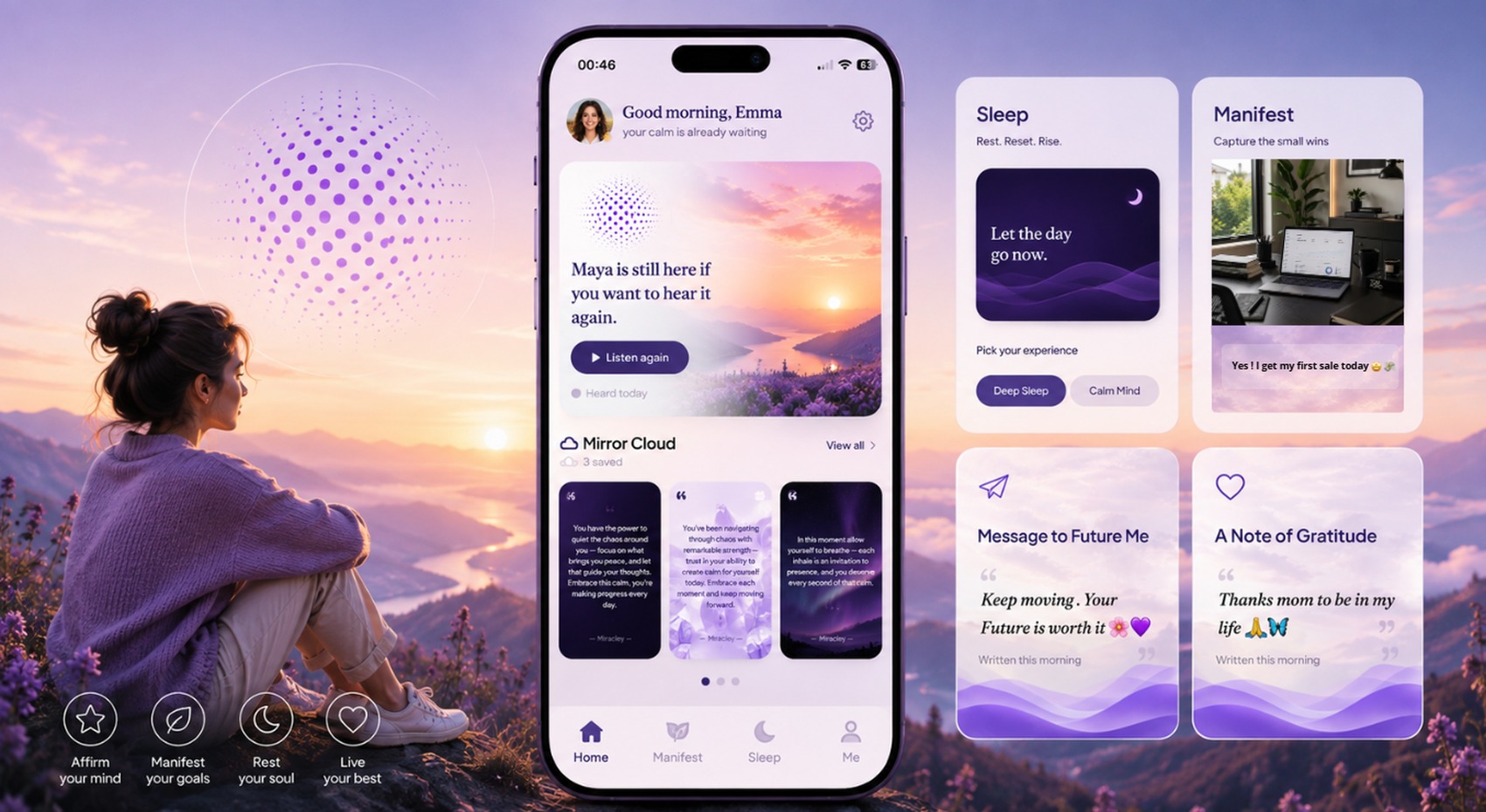 Miracley app screens showing personalized affirmations, sleep sounds, and reflections